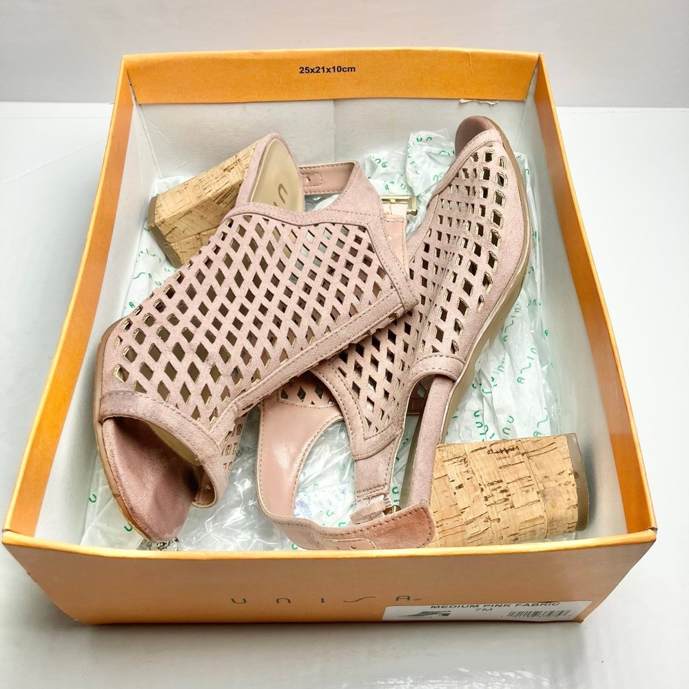 Unisa pink suede laser cut peep-toe slingback sandals cork stacked block heel 7M